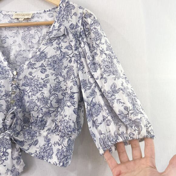 Cynthia Rowley Women's Blue Floral Linen Blend Crop Blouse XS Puff Sleeve Boho - Picture 3 of 7